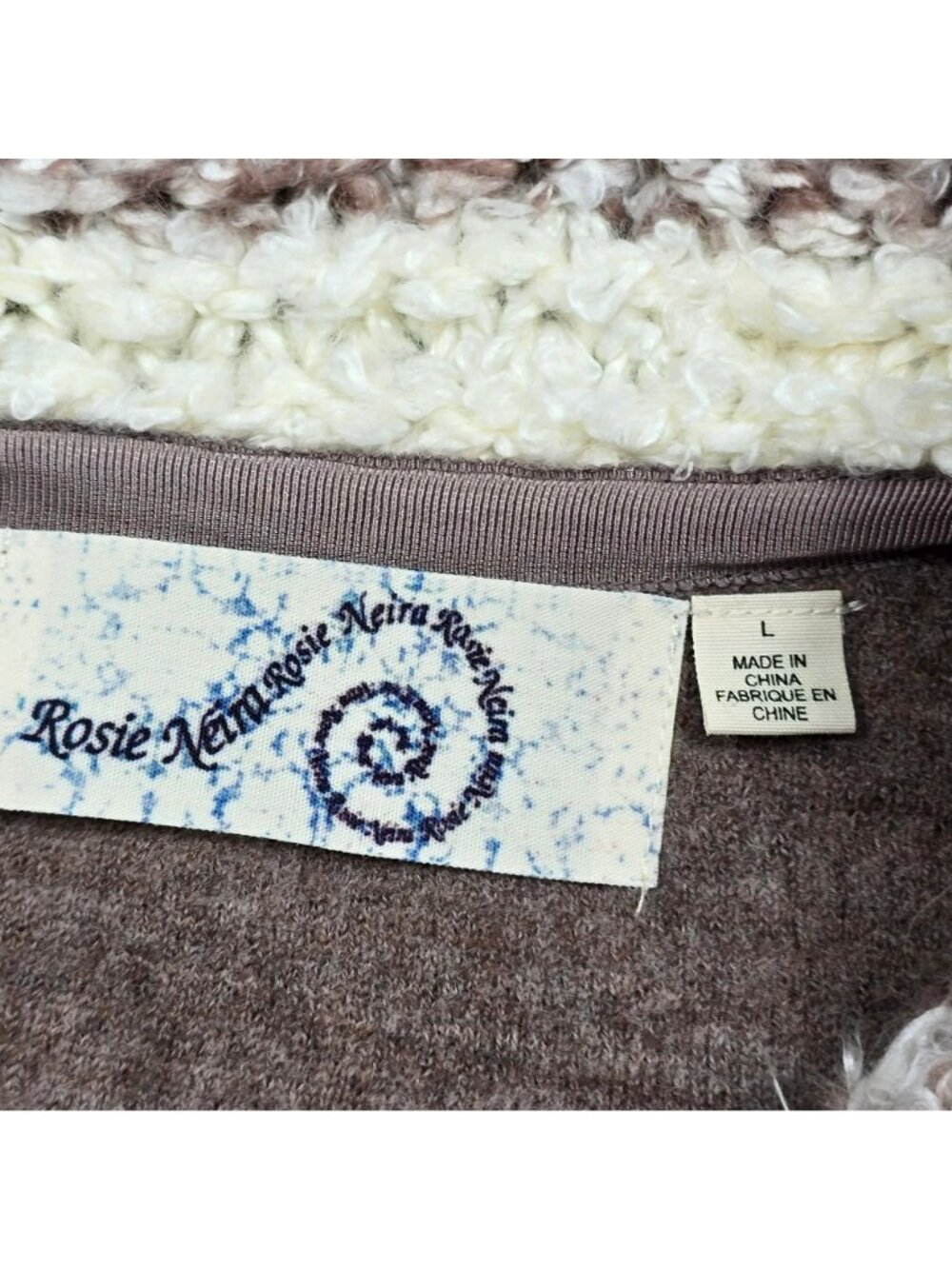Rosie Neira Large 100% Wool Cardigan With Tie Front & Textured Collar Brown/Crea - Picture 2 of 6